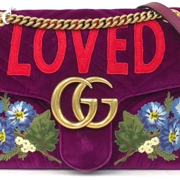 Gucci GG Marmont Velvet Matelassé Loved Embroidered Medium Shoulder Bag. - Picture 13 of 16